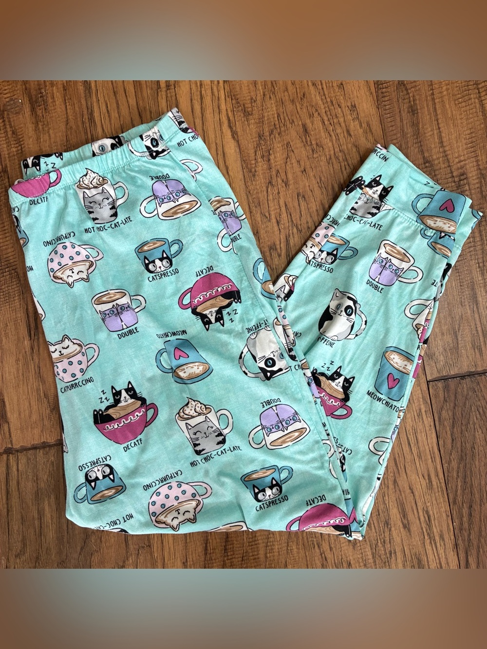 Secret Treasures Mint Green Cat & Coffee Novelty Pajama Pants